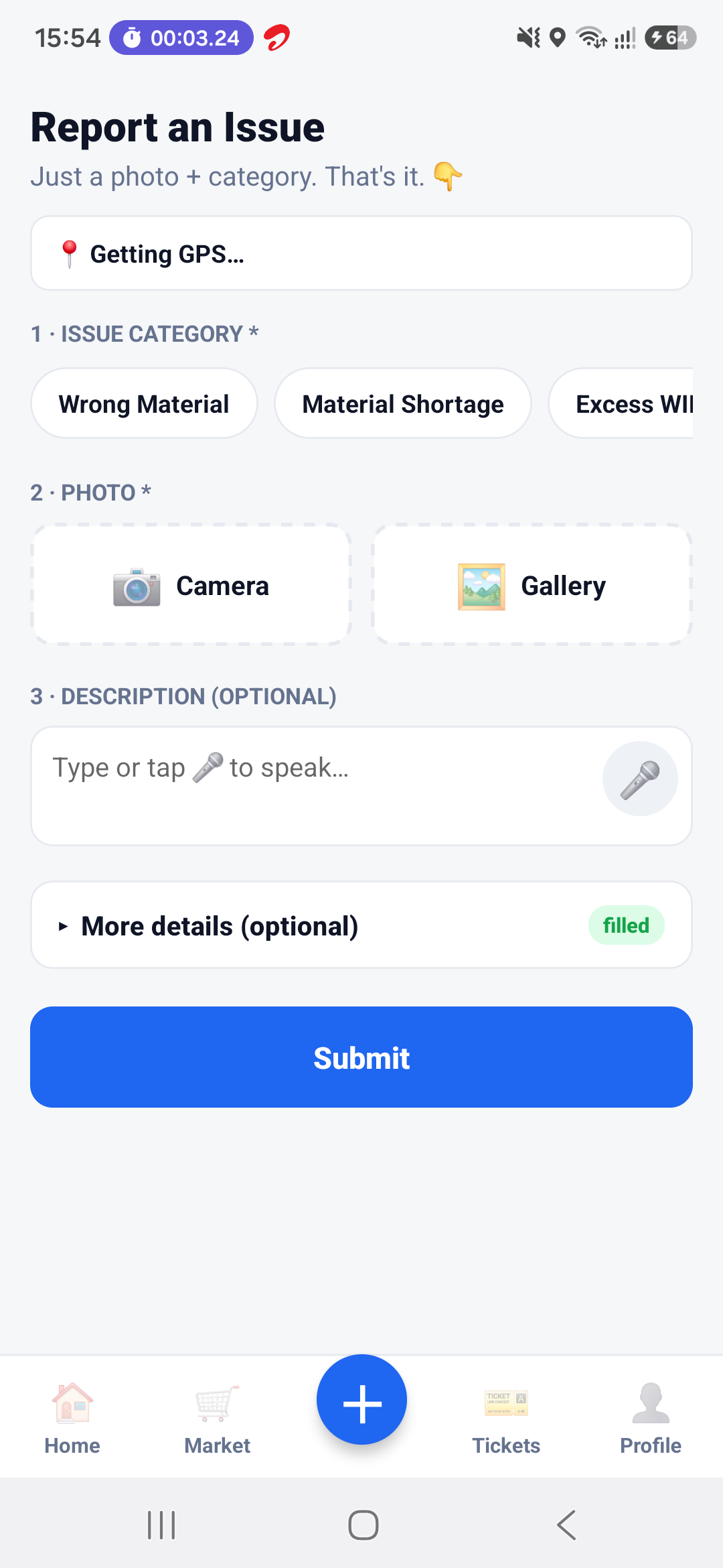 MfgPlantIQ report an issue screen